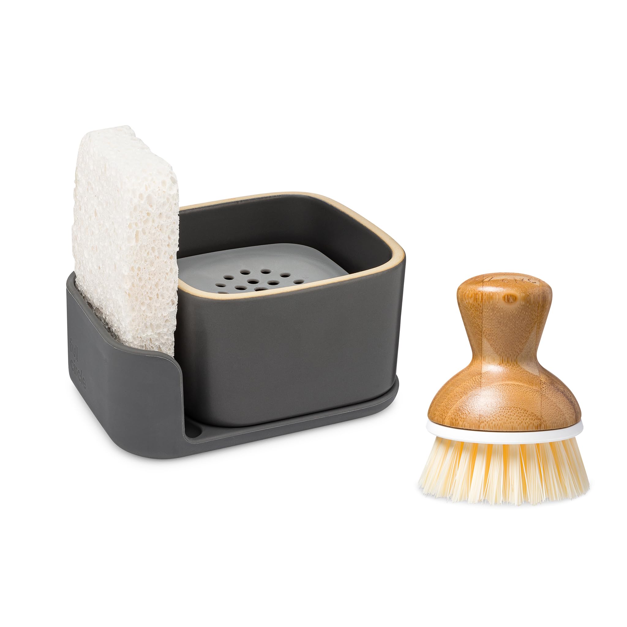 Photo 1 of Full Circle Bubble Up Combo - Elegant Gray Ceramic Soap Dish with Eco Sponge & Bamboo-Handled Dish Brush - Versatile Natural Kitchen Cleaning Set Tool for Pots, Pans, Counter & Sink, Gray