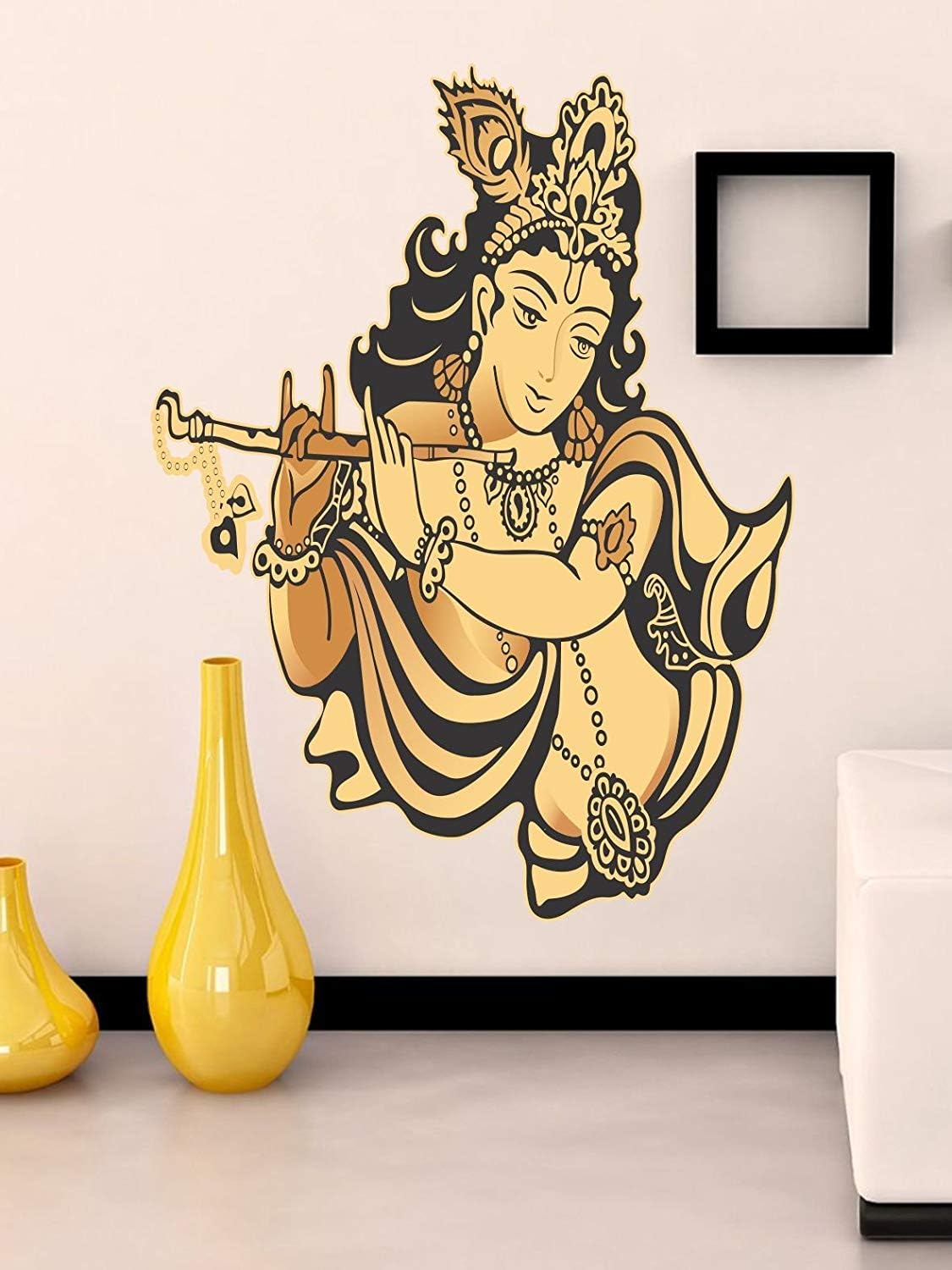 HandmadeJewel Vinyl Removable/Easy to Peel/Easy to Stick/Safe on Painted Walls Black God Krishna Playing Flute Wall Stickers/Wall Decals Room Home Décor