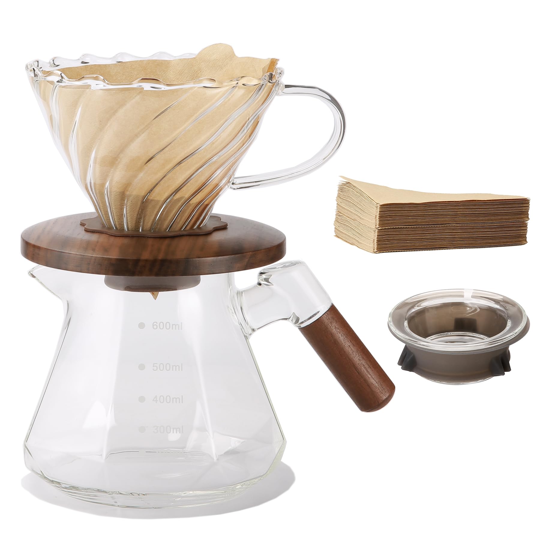 Lalord Pour Over Coffee Maker, 600 ml Borosilicate Glass Set with 100 pcs Size 02 Paper Filter, Walnut Collar & Glass Lid, Drip Coffee Maker, 1-3 Cups, Clear