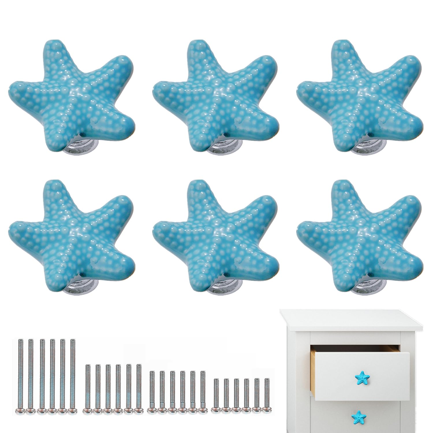 6 PCS Drawer Handles with 4 Sizes Screws, Coastal Ceramic Kitchen Handles, Starfish Drawer Knobs, Cupboard Door Handle for Dresser Bathroom and Kitchen, Beach Ocean Theme Cabinet Knobs, Blue — image 1
