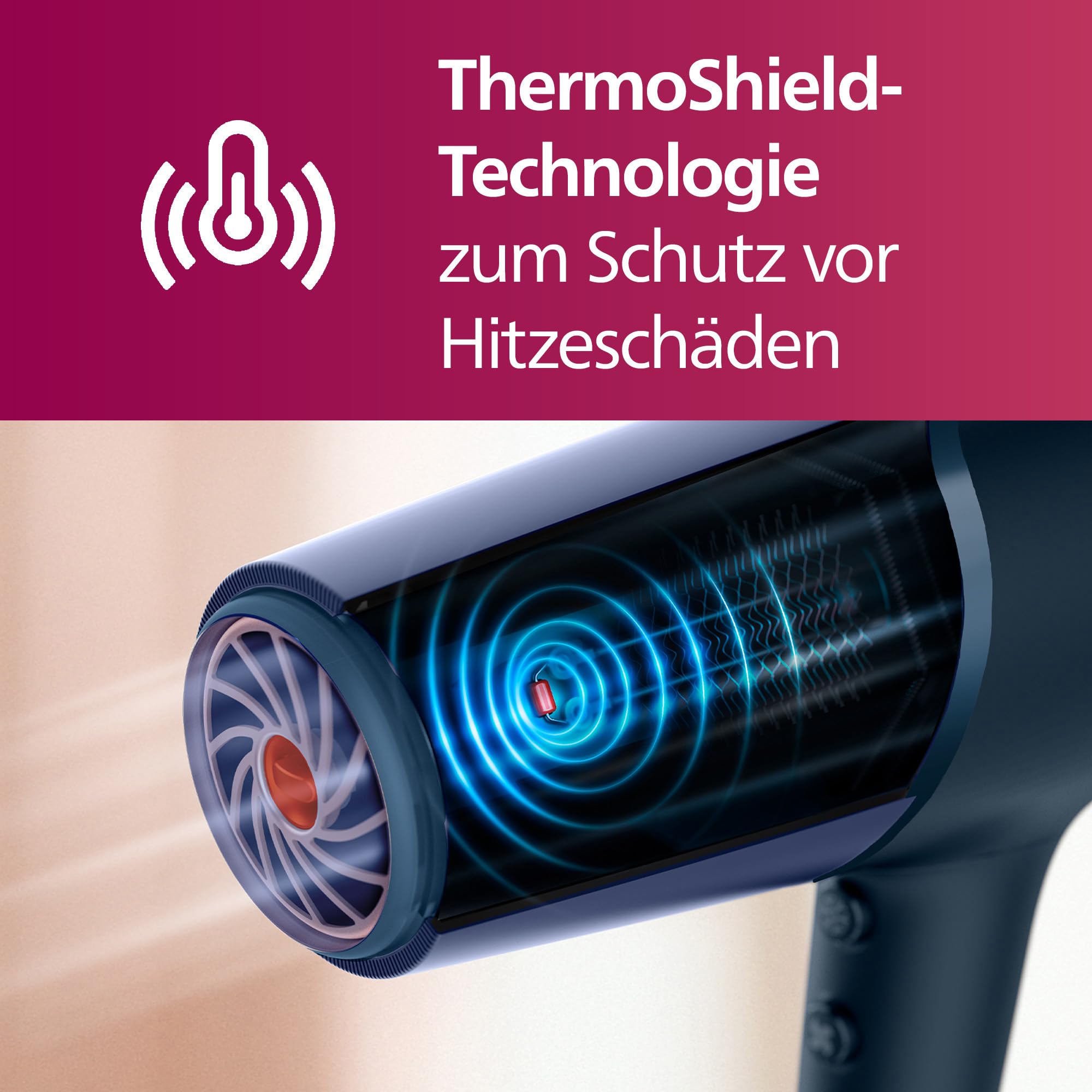 Philips Haartrockner 5000 Series, ThermoShield Technologie, Ionisierungsfunktion, 2.300 W, Metallic-Blau, mit 9-mm- und 11-mm-Stylingdüse, Volumendiffusor, BHD510/20 2