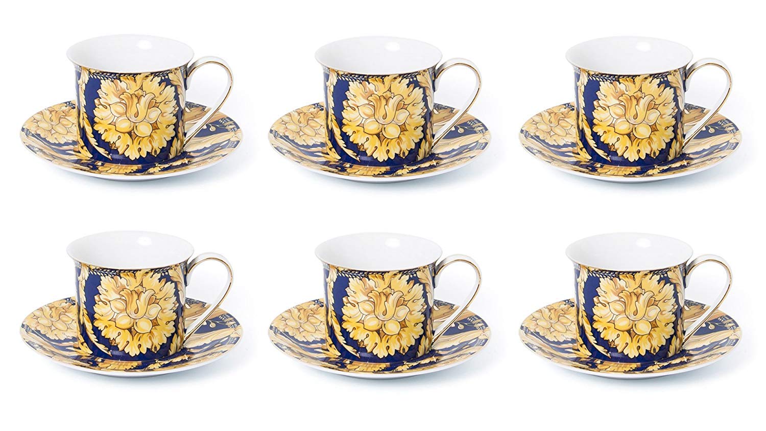 Royalty Porcelain Luxury Tea or Coffee Cup Set, 24K Gold (12 PC, Floral Blue)
