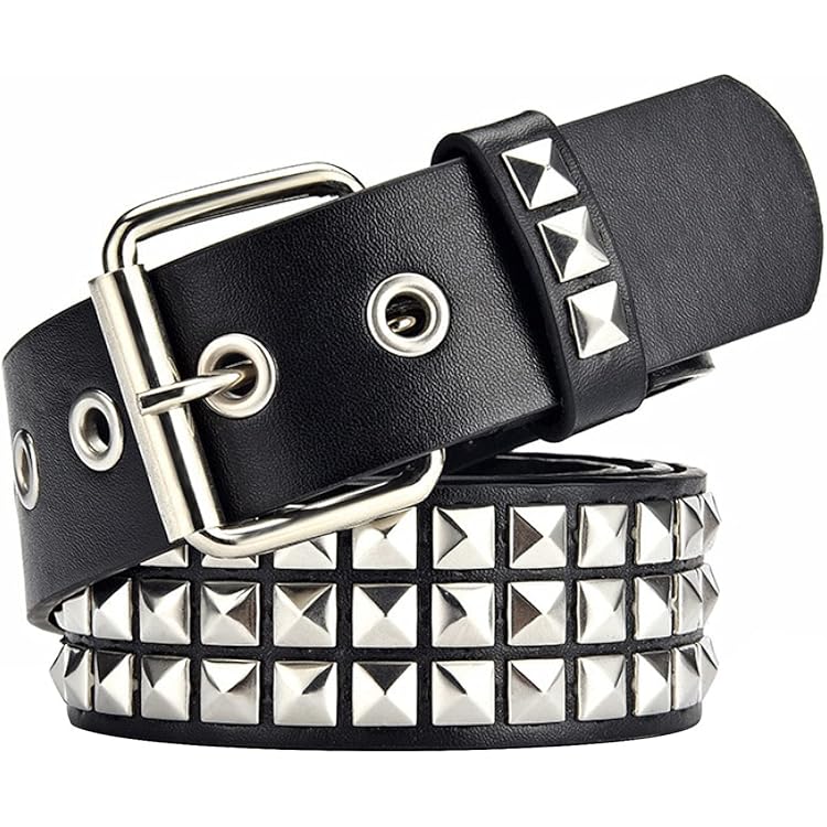 Punk Leather Belt, 3 Row Metal Punk Pyramid Square Beads Women Men