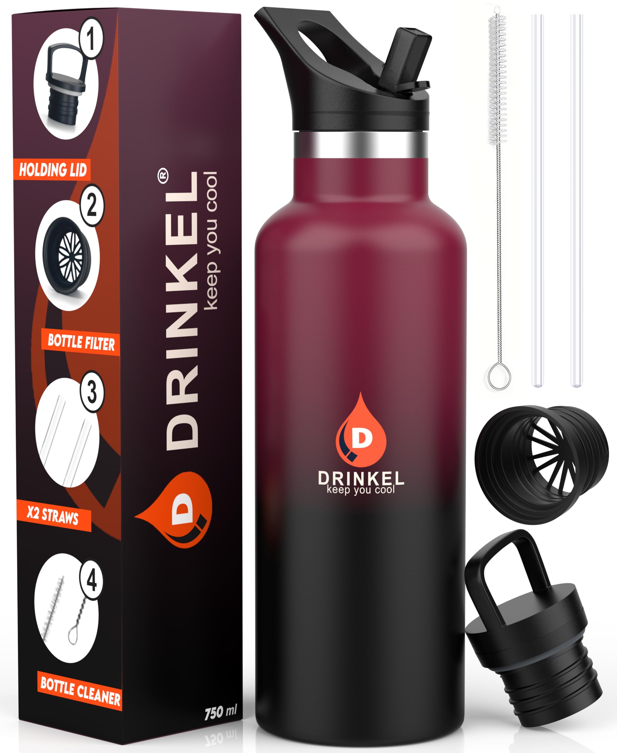 D Drinkel Stainless Steel Water Bottle with Straw,750ml Vacuum Insulated Sports Water Bottles for Cold and Hot, BPA-Free, Leakproof Metal Water Bottle with Extra Holding lid Gym Camping (Red Black)