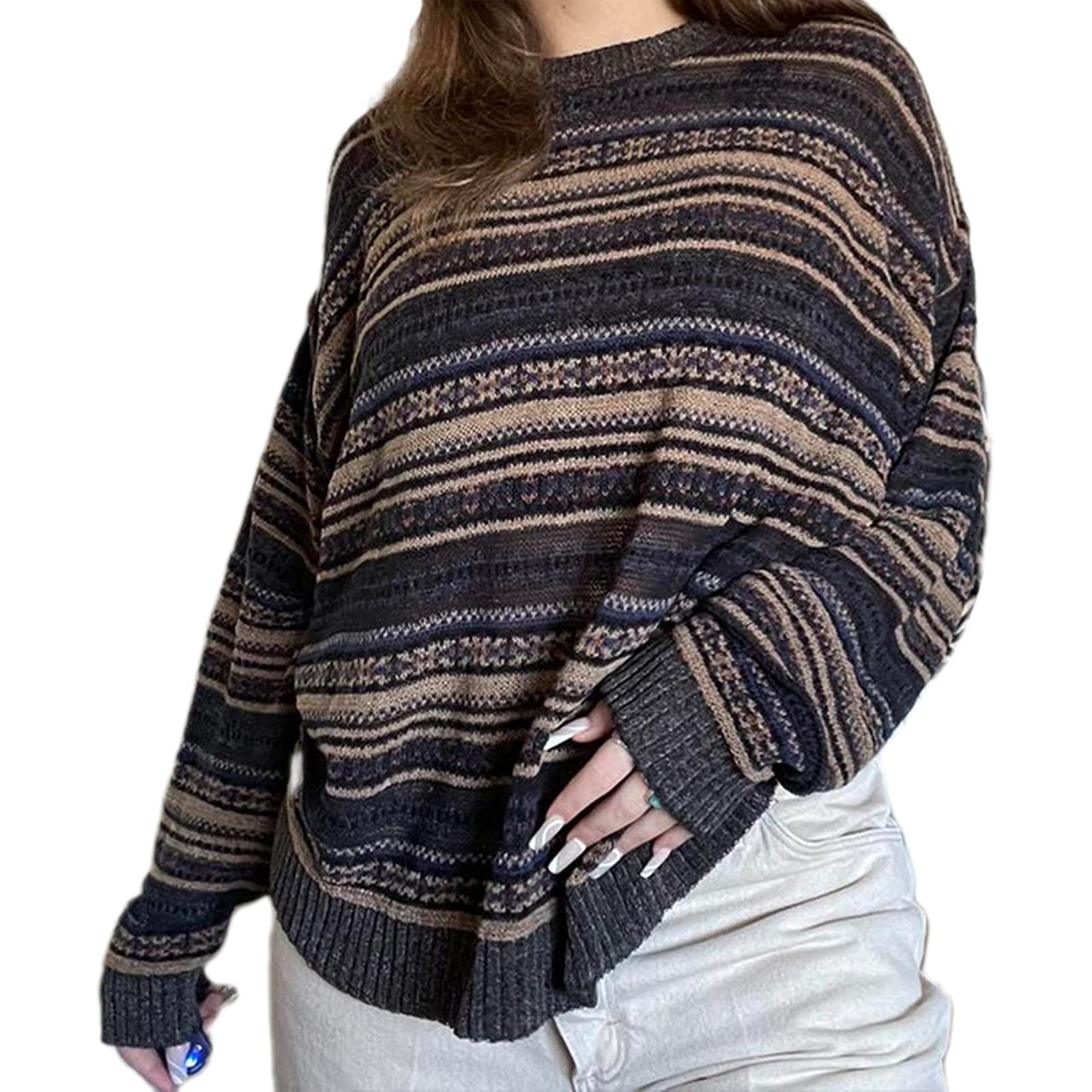 Women Y2K Argyle Striped Pullover Sweater Casual