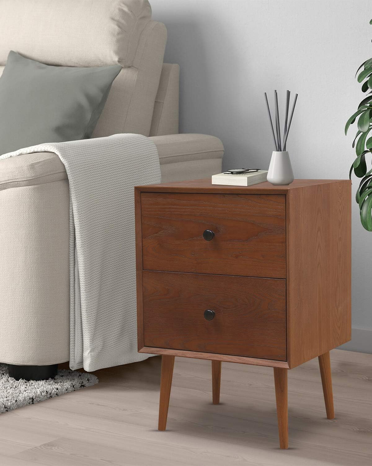 Hooseng Modern Nightstand with 2 Drawers Night Stand End Table Dresser for Home, Bedroom Accessories, Office, College Dorm, Steel Frame, Wood Top, Easy Pull Fabric Bins, Brown: Furniture & Decor