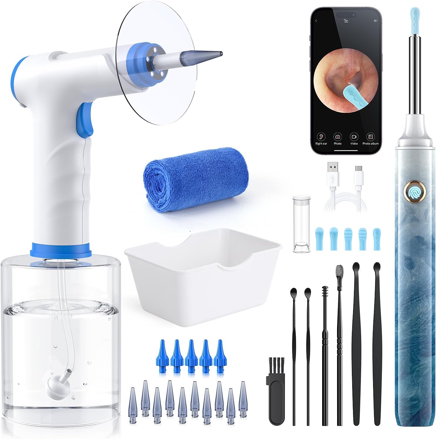 Earwax Removal - Electric Ear Irrigation Kit with 4 Pressure Modes, Ear Cleaner with Camera, 1080P Otoscope, Ear Cleaning Tool with 7-Piece Set, Earwax Removal Kit for Daily Cleaning-Bluewhite Image