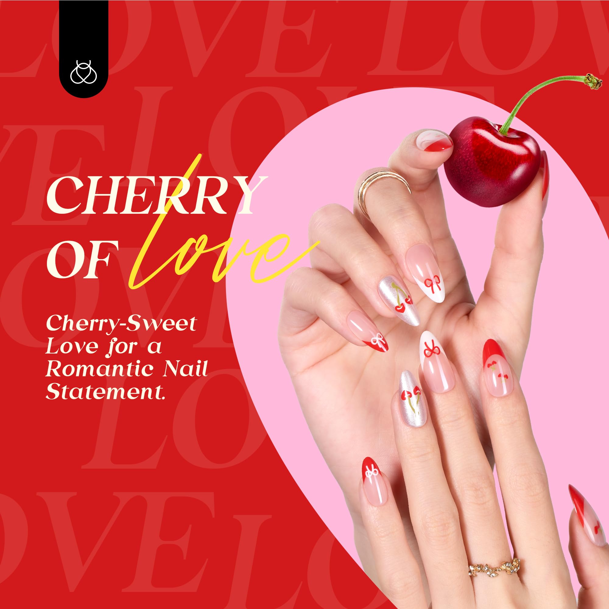 Beetles Cherry Press on Nails：Cherry of Love French Tips Press ons Medium Almond 30 PCS 15 Sizes Pre-Designed Reusable Stick on False Nails with Glue Manicure Gift for Women - Image 2