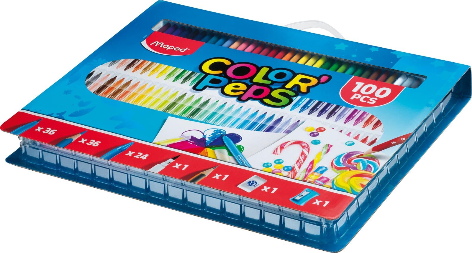 Maped Color' Peps 100 Piece Colouring Set & Carry Case (x36 Pencils, x36 Felt Tips, x24 Crayons, Board Marker, HB Pencil, Eraser and Sharpener), ASSORTED 907003