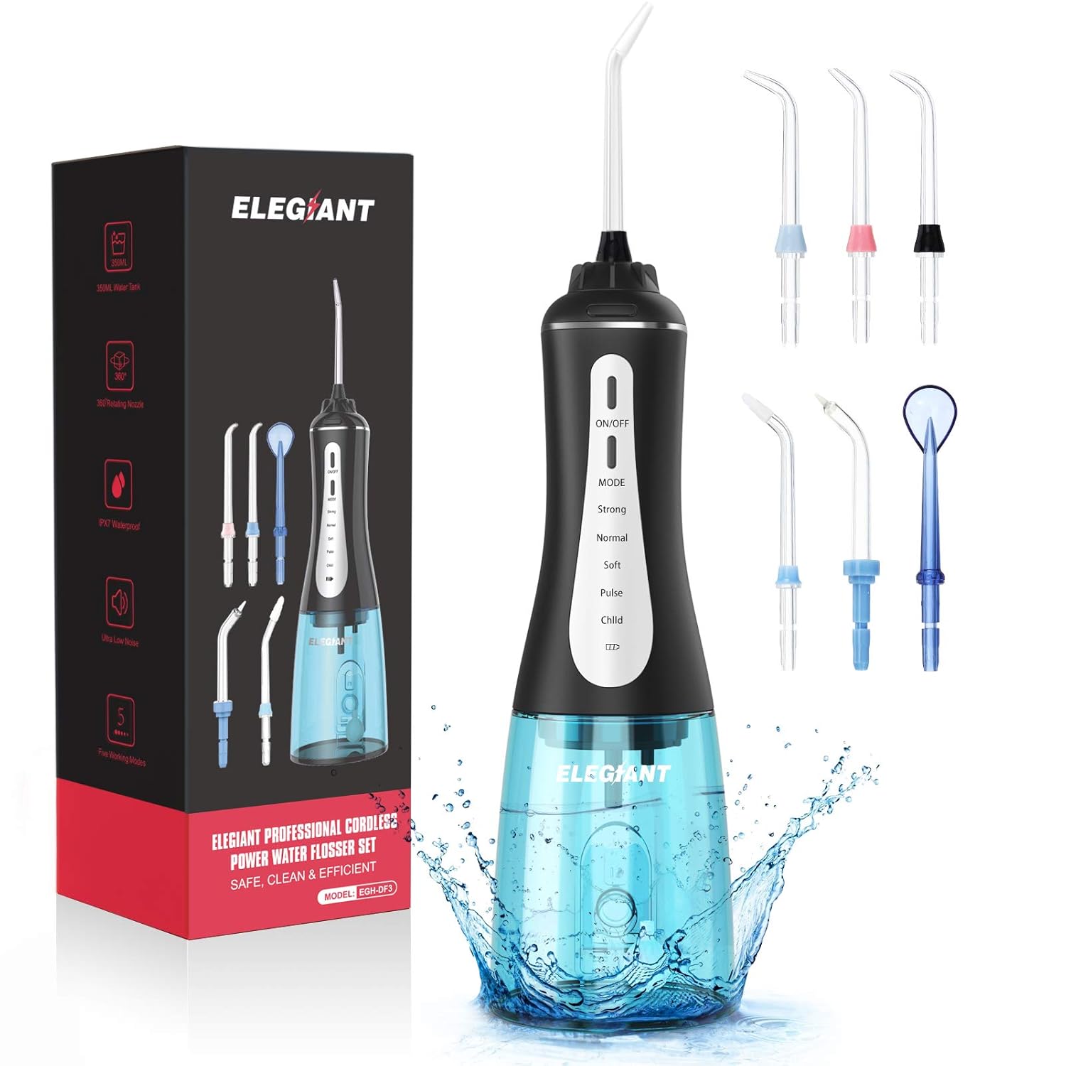 ELEGIANT Water Flosser for Teeth, 5 Modes Cordless Dental Oral Irrigator Rechargeable with 350ML Cleanable Water Tank, IPX7 Waterproof, Teeth Cleaner for Home, Travel, Braces and Bridges Care: Beauty