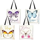 Aliceset 4 Pcs Christian Canvas Tote Bags for Women Flower Butterfly Aesthetic Shoulder Bags Inspiration Reusable Faith Bible Bag Christmas Christian Gifts for Teachers, Mom Beach Shopping, 4 Styles