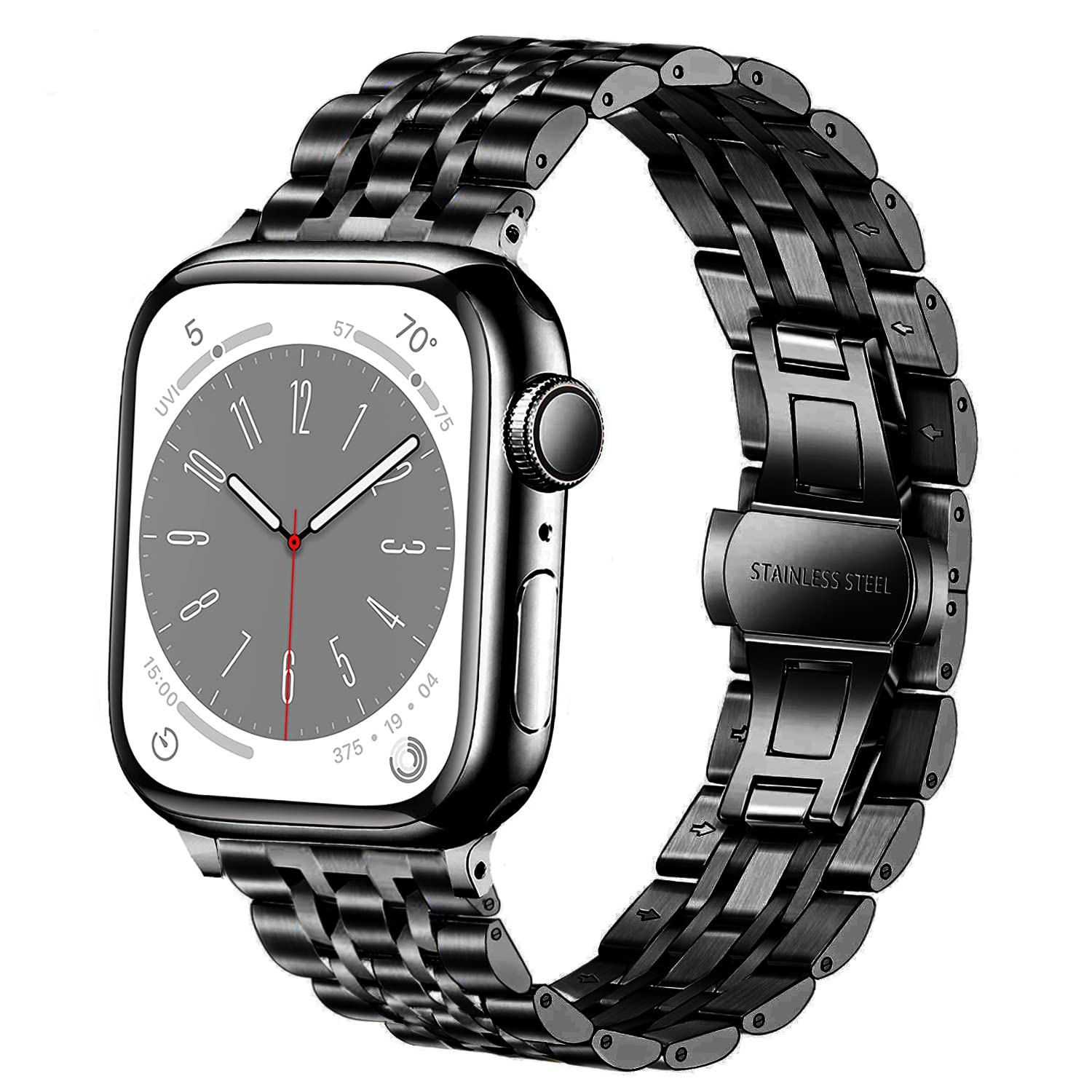 DEALELE Strap Compatible with iWatch 38mm 40mm 41mm, 7-Rows Stainless Steel Metal Replacement Bands for Apple Watch Series 9/8 / 7/6 / 5/4 / 3 / SE/Ultra Women Men (Black)