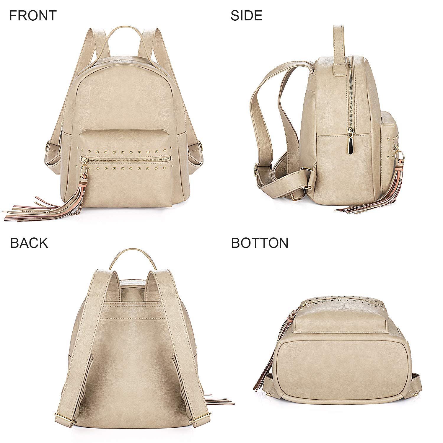 Backpack Purse for Women, Manificent Small PU Leather Backpack for Women Fashion Waterproof Cute Purse Backpack with Tassel, Dark Beige