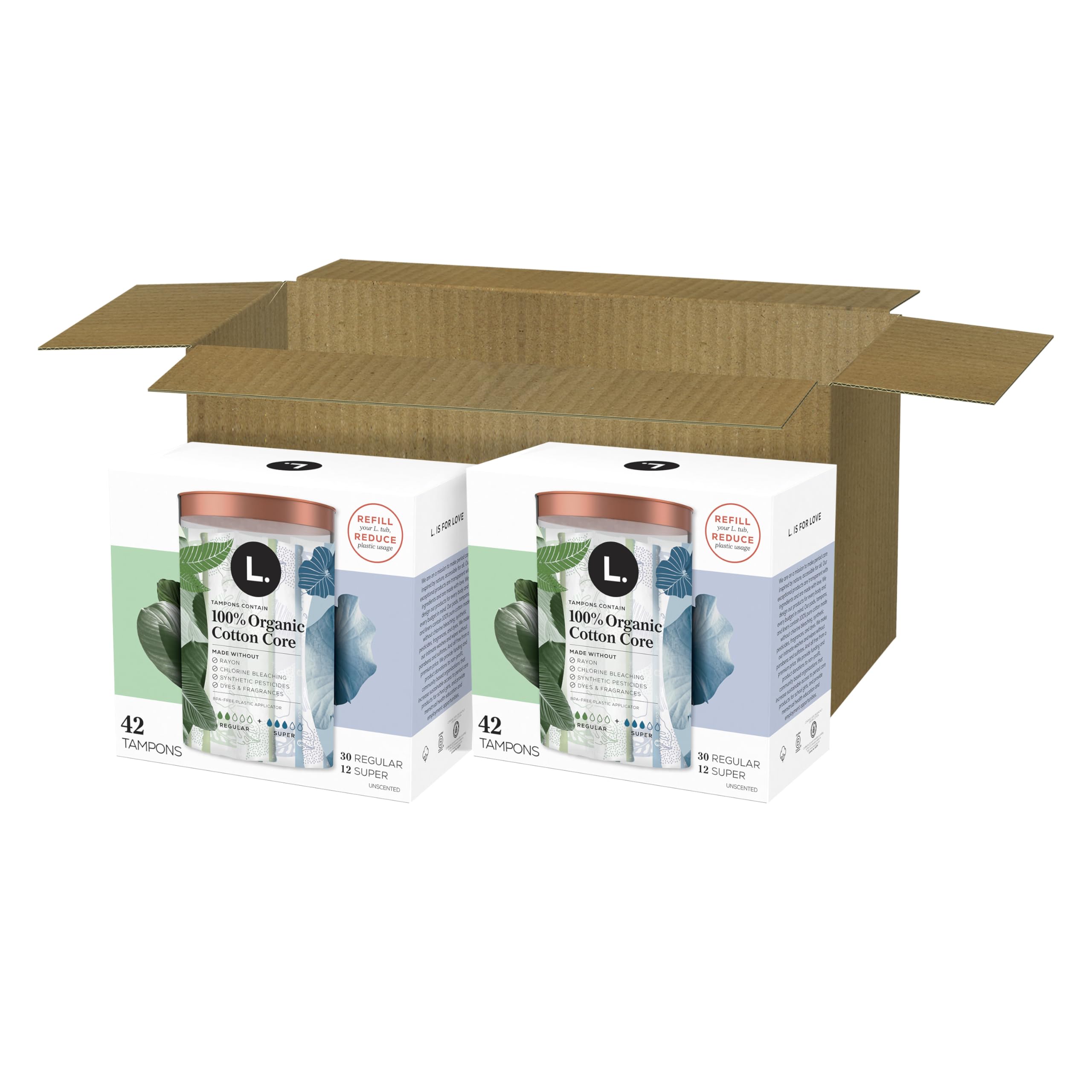 L. Cotton Tampons Regular/Super Absorbency Multipack, Contains an Organic Cotton Core, Made Without Synthetic Pesticides, or Fragrances, 84 Count (2 Packs of 42)