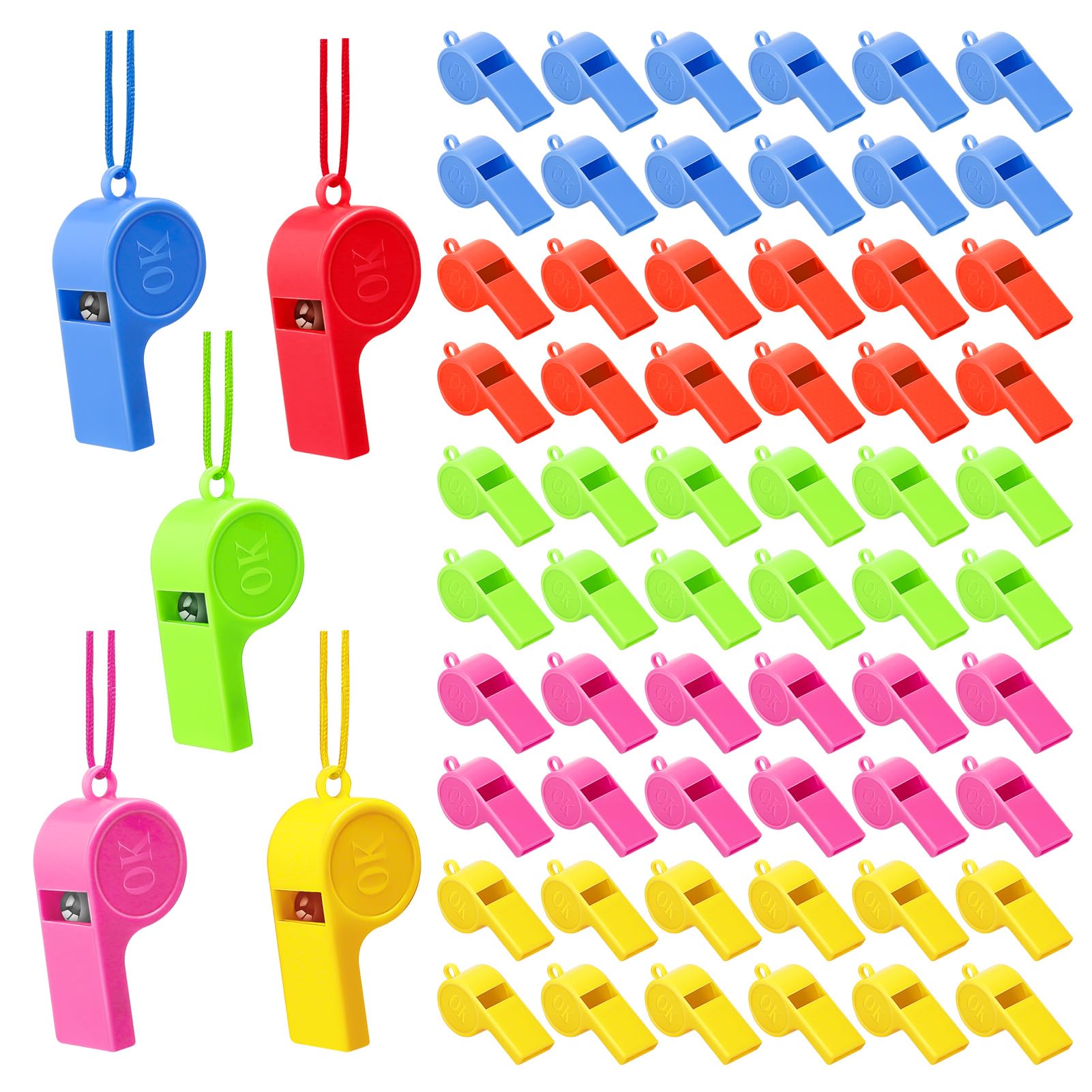 60Pcs Loud Crisp Sound Whistle, Plastic Coach Whistles with Adjustable Lanyard, 5 Colorful Sport Events Whistles, Sturdy Children Referee Whistles, Emergency Training Whistle for Officials Teachers