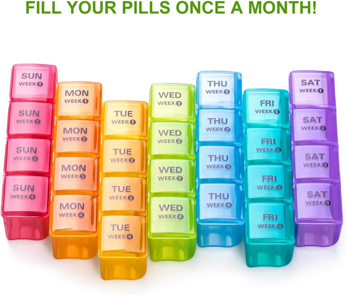 Monthly Pill Organizer 28 Day Case, Sukuos Moisture-Resistant Large 4 Week Month Pill Cases with Dust-Proof Box for Pills/Vitamin/Fish Oil/Supplements: Health & Personal Care