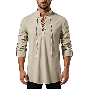 CXQRR Men's Renaissance Lace-Up Shirt Pirate Medieval Halloween Costume | Men's Renaissance Long Sleeve Lace-Up Shirt for Pir