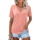 Womens Tops Short Sleeve V Neck Shirts Loose Casual Blouses Summer Tees Criss Cross