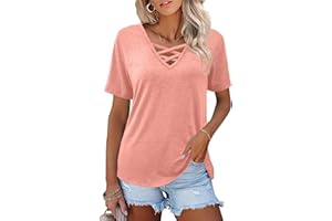HEYMISS Womens Tops Short Sleeve V Neck Shirts Loose Casual Blouses Summer Tees Criss Cross