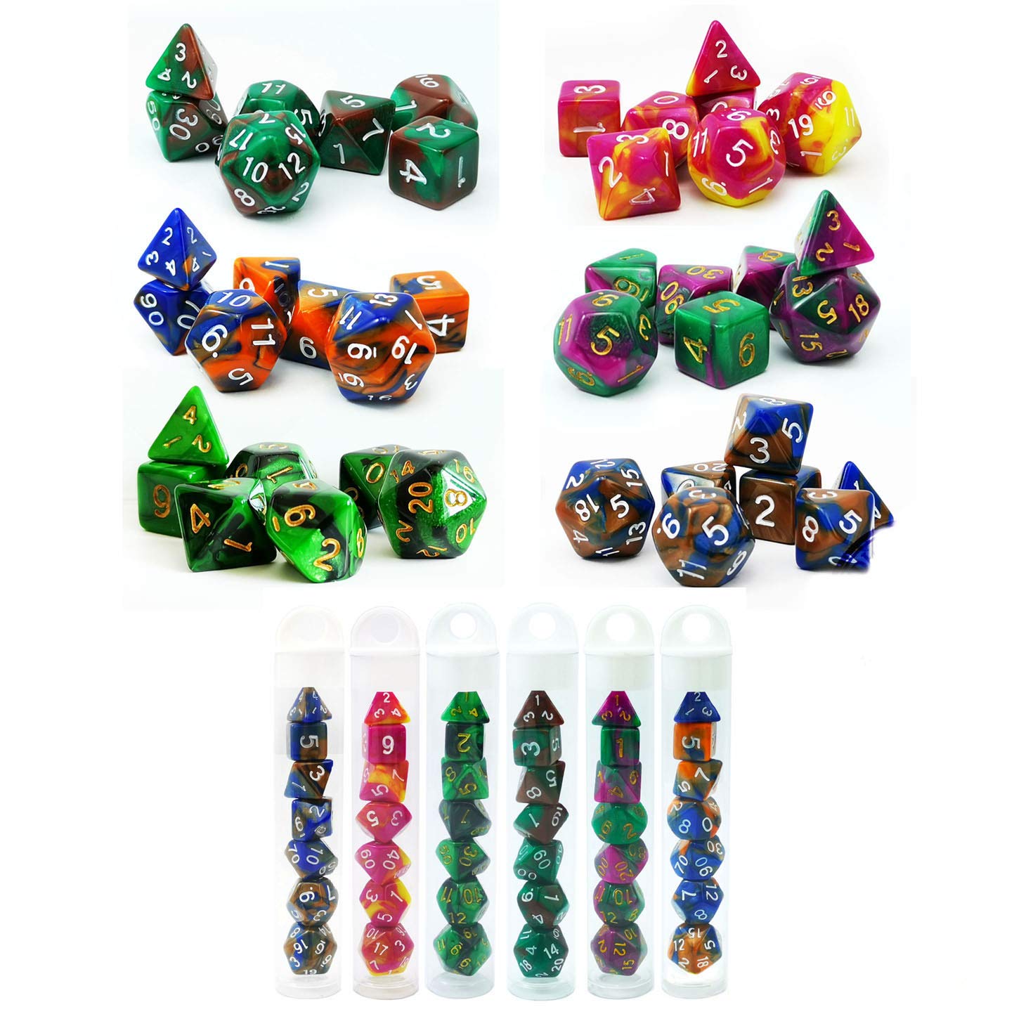 Bescon Mini Two Tone Polyhedral RPG Dice Set 10MM, Small Dice Set D4-D20 in Tube, 6 New Assorted Colored of 42