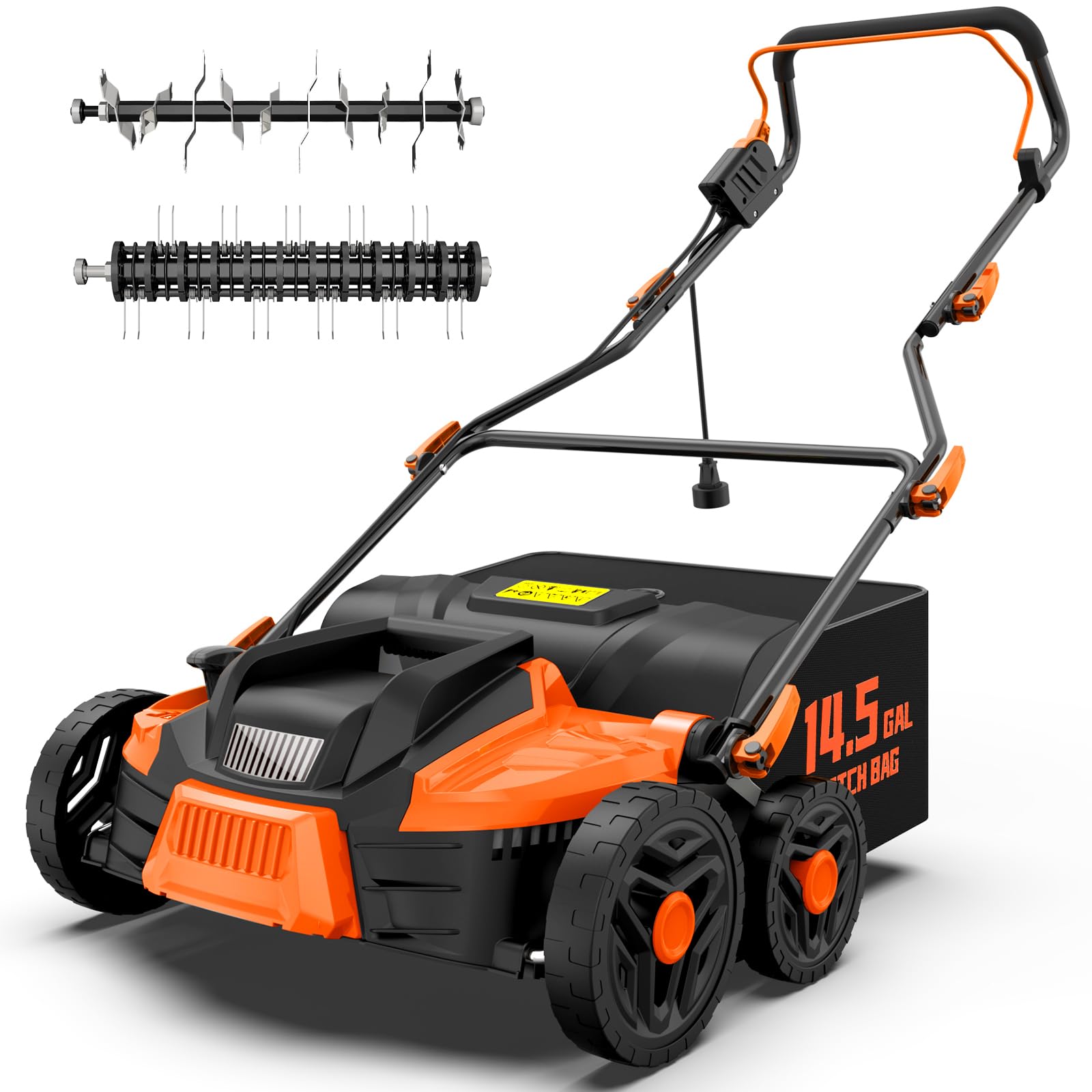 TIECTOWN 16-Inch 15.5 Amp 2-in-1 Electric Dethatcher and Scarifier with 14.5-Gallon Collection Bag, Lawn Dethatcher with 5-Position Depth Adjustment, Quick-Fold, Keeps Lawn Healthy - Blaze Orange Image