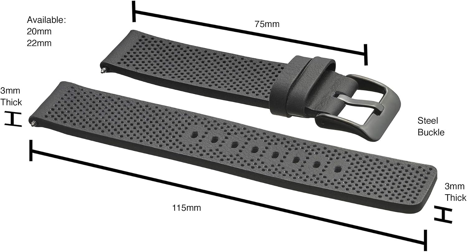 ALPINE INTERNATIONAL Genuine Leather Watch Band - Soft and smooth perforated leather watch strap - Black - 20 mm - Image 3