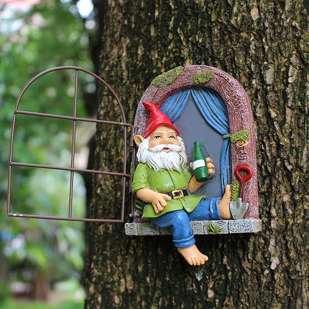 Meyas Garden Gnome Statues Elf Out The Window Tree Hugger, Garden Peeker Yard Art Ornaments,Tree Face Garden Sculpture Outdoor Garden Decoration, Hanging Garden Statue Gnome Resin Figurines Gift