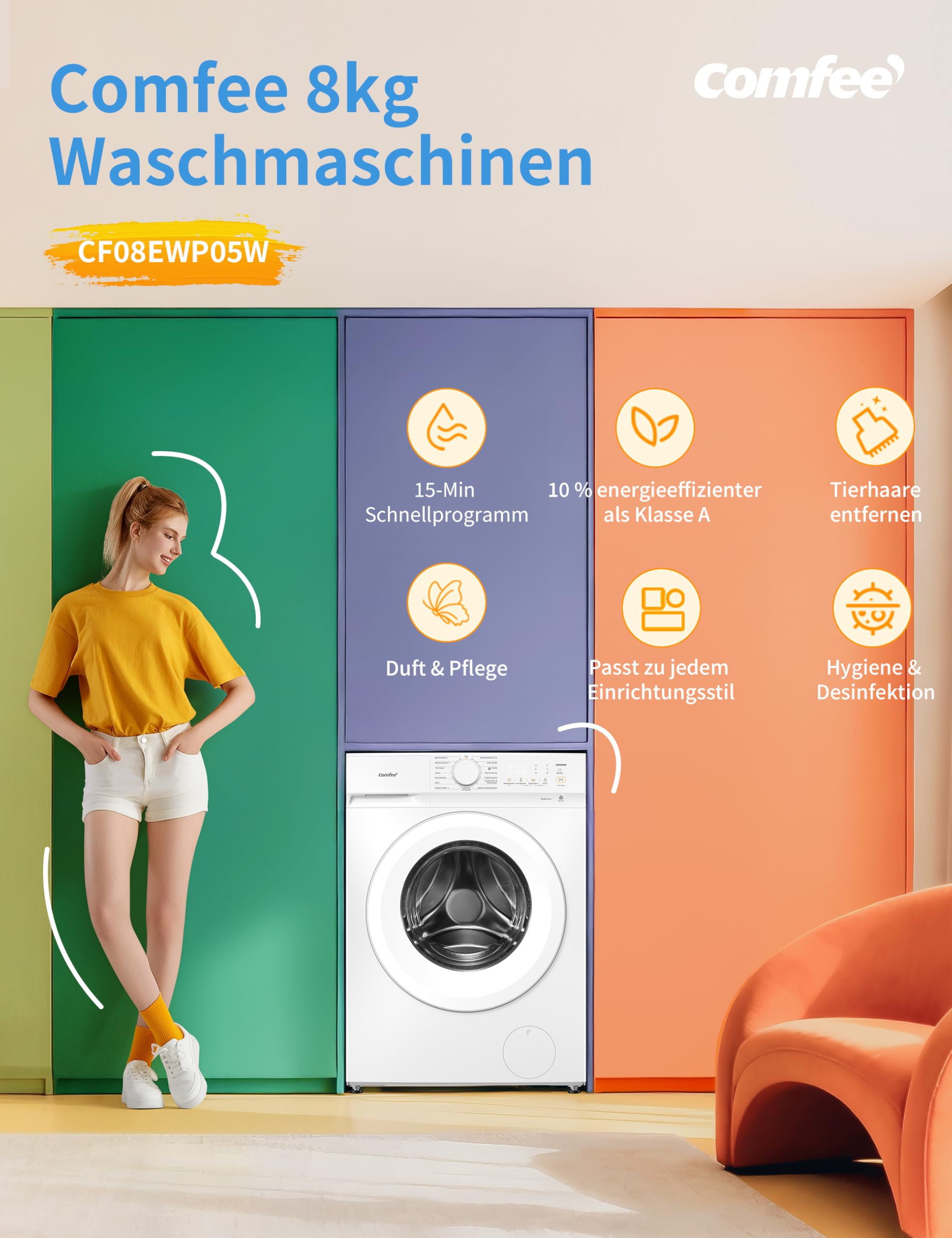 Comfee Waschmaschine 8kg, Washing machine mit Tierhaar-Programm & Dampffunktion,16 Programme,Energy Efficiency Class A-10%,Nachlegefunktion, Leise & Energiesparend, CF08EWP05W, Weiß 2