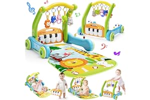 LETAPAPA Baby Gym Play Mat with Walker, 2 IN 1 Kick and Play Piano Activity Center with Light & Music, Tummy Time Mat & Baby Push Toys for 0-6 12-18 Months, Sit-to-Stand Learning Walker for Infant Toddler Gift