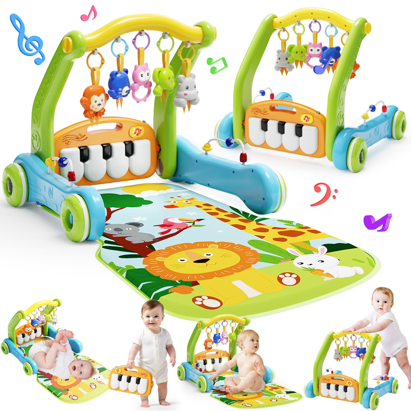 Photo 1 of Baby Gym Play Mat with Walker, 2 IN 1 Kick and Play Piano Activity Center with Light & Music, Tummy Time Mat & Baby Push Toys for 0-6 12-18 Months, Sit-to-Stand Learning Walker for Infant Toddler Gift