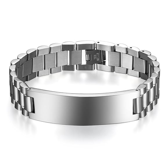 JewelryWe Schmuck Herren Armband mit Gravur Edelstahl Glänzend Poliert Armreif Armkette Uhrenarmband Geschenk Silber