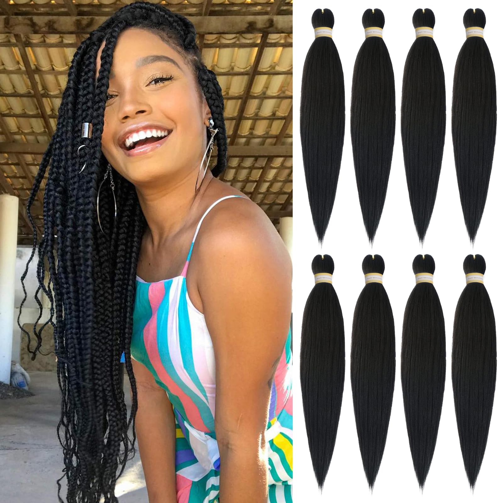 Yebo 26Inch Pre Stretched Braiding Hair 8Packs Easy Braiding Hair Soft Yaki Texture Synthetic Braids Extensions Hair for Women