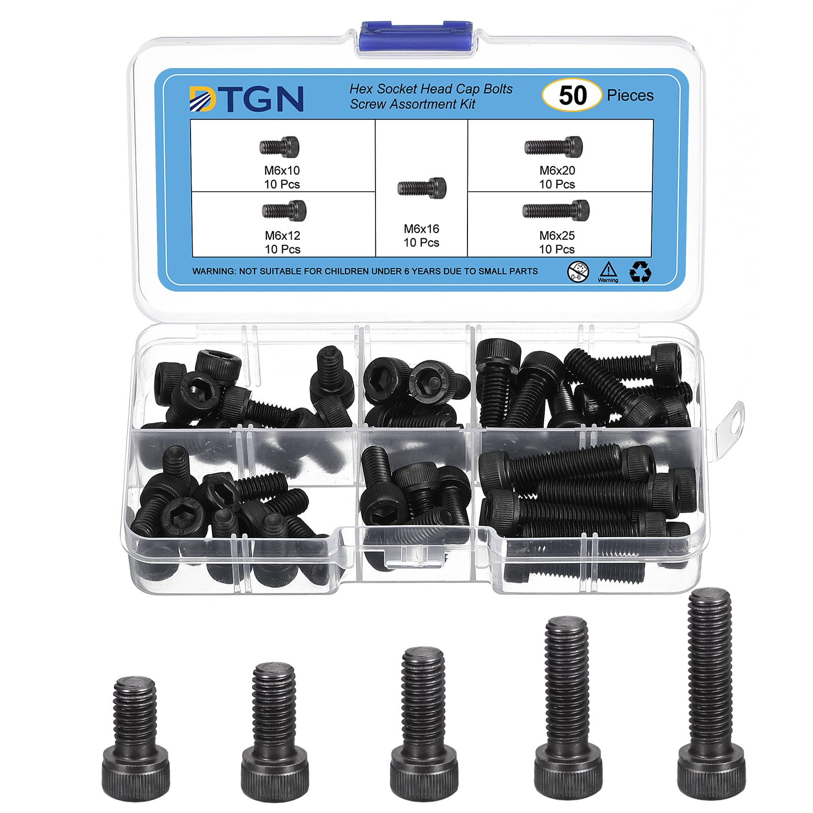 DTGN 50Pcs M6 Metric Screw Assortment, M6 Bolts Socket Head Screws, 12.9 Grade Steel M6x10/12/16/20/25mm Hex Socket Head Cap Screws Bolt Set for 3D Printing DIY