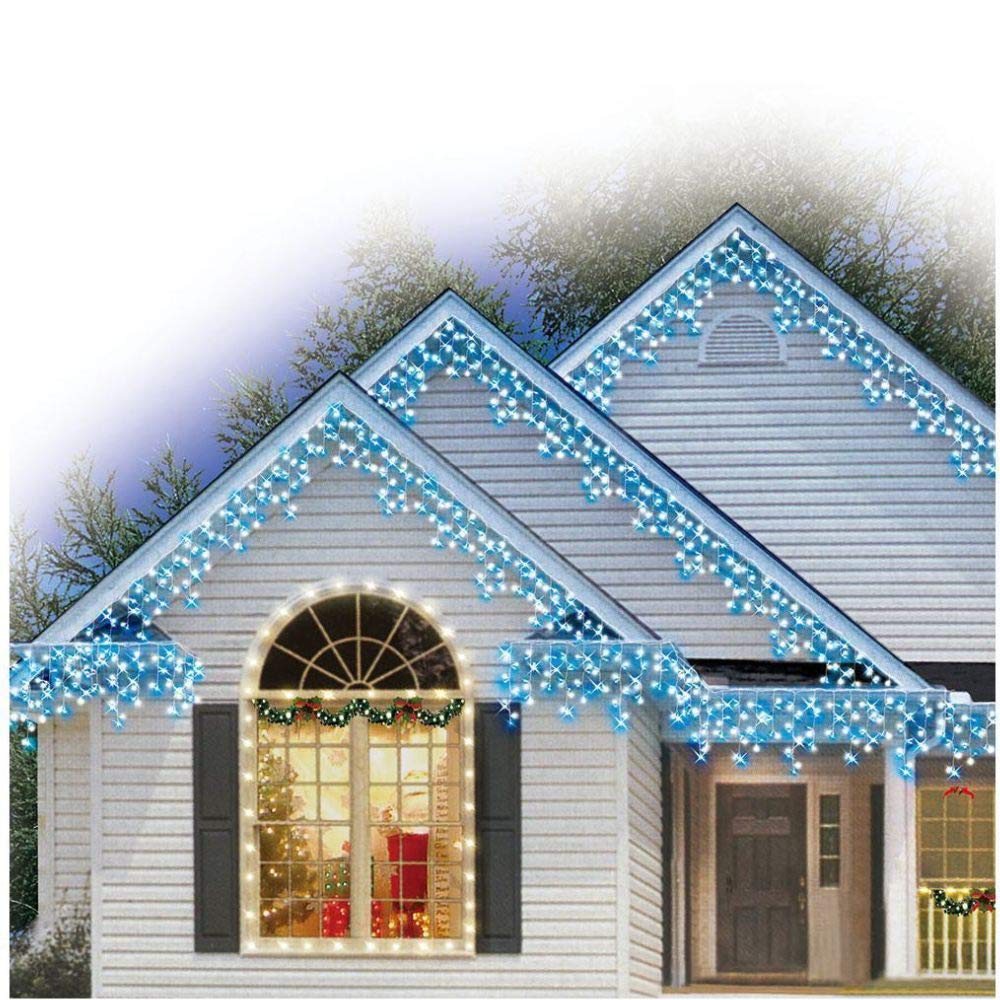 Outdoor Blue and Cool White Icicle Christmas Fairy Lights, 400 LED 10 Metres Lit Width, 80 Icicles, 8 Hour Timer, 8 Modes, Safe Voltage