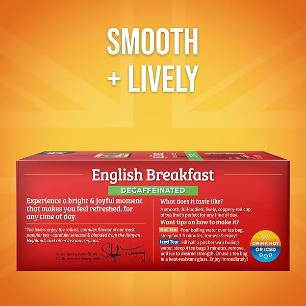TWININGS DECAFFEINATED ENGLISH BREAKFAST BLACK TEA INDIVIDUALLY WRAPPED BAGS, 100 COUNT (PACK OF 1), SMOOTH, FLAVOURFUL BLACK TEA, ENJOY HOT OR ICED, 100 TEABAGS