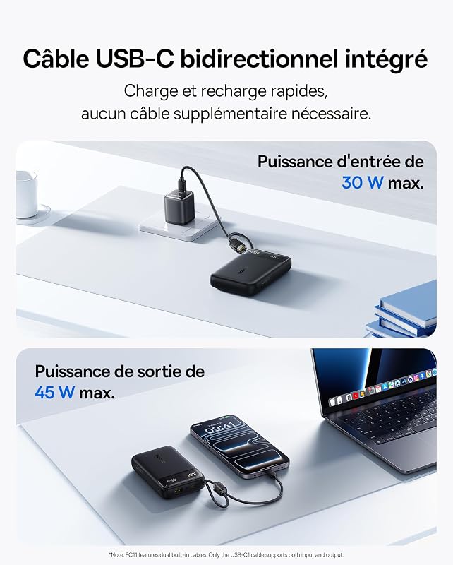 FC11 Powerbank Compact 45W 20000mAh avec 2 Câbles USB-C Intégrés, CCC Certifiée Batterie Externe PD Charge Rapide, Mini Power Bank pour iPhone 18/17/16 Pro Max, Samsung Galaxy S25/S24, Noir