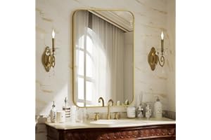BEAUTYPEAK 24" x 36" Rectangular Aluminum Alloy Frame Wall Mounted Bathroom Mirror with Rounded Corners, Gold