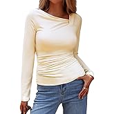 CiCiBird Women Fashion Long Sleeve Tops Fall Going Out Slim Fitted Shirts Y2K Asymmetrical Neck Blouse