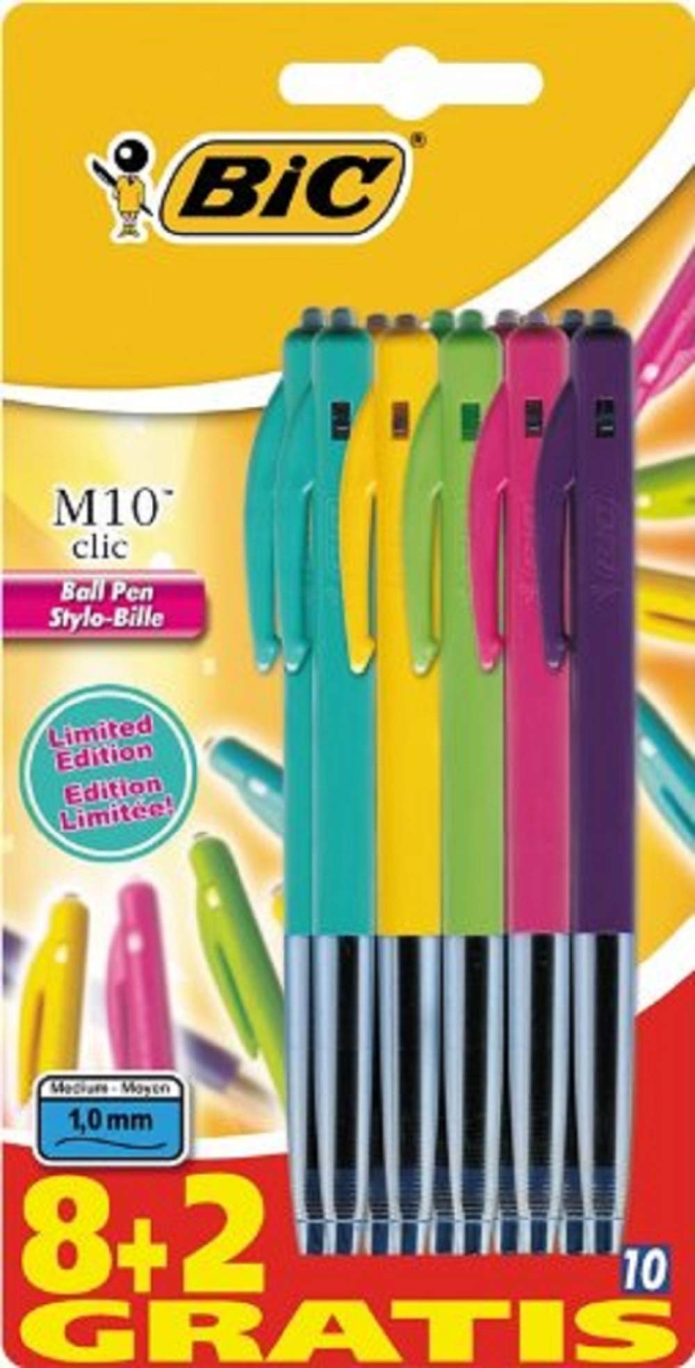 BIC M10 Clic Ball Pens - Assorted Colours (Pack of 10)