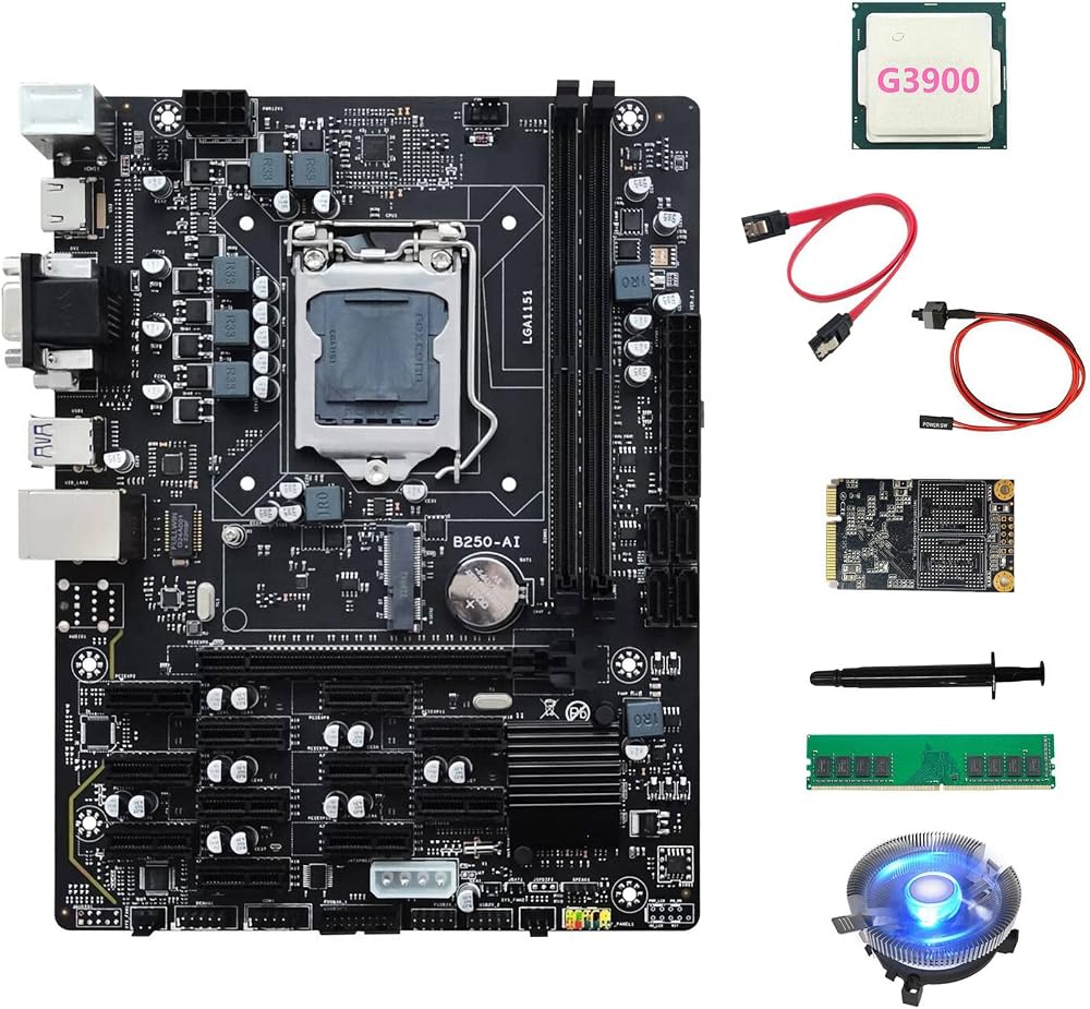 Lodokdre B250 V2.1 ETH Miner Motherboard 12PCIE G3900 CPU DDR4 4GB RAM 128G SSD