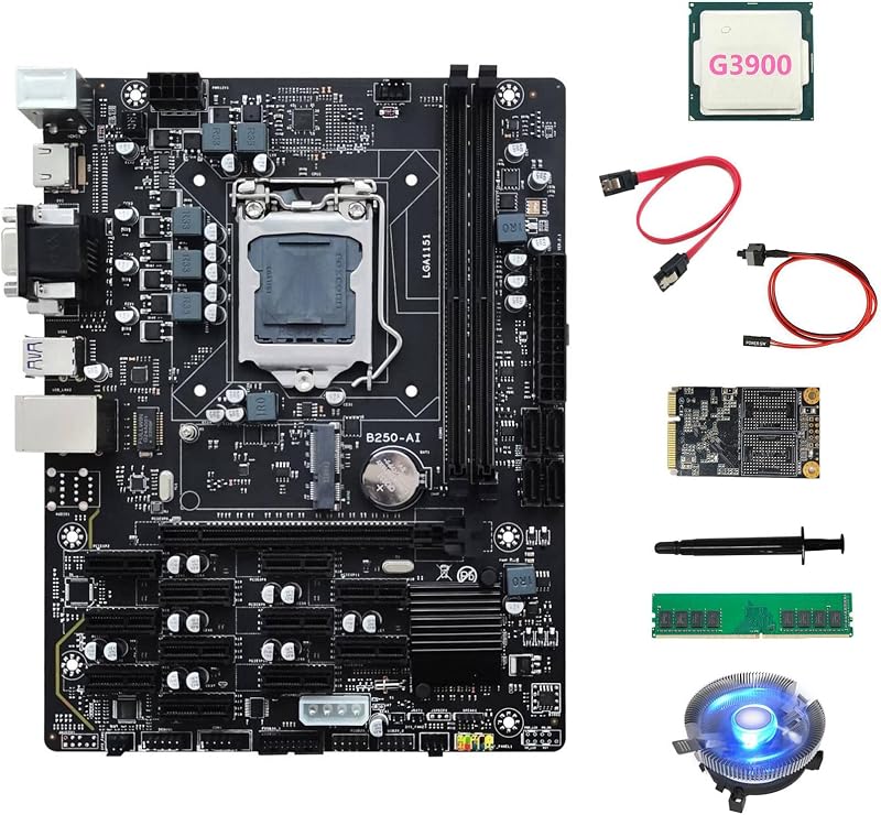 Lodokdre B250 V2.1 ETH Miner Motherboard 12PCIE G3900 CPU DDR4 4GB RAM 128G SSD