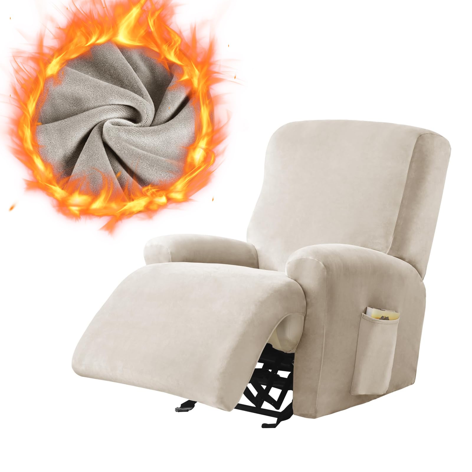 Leorate Velvet Recliner Chair Cover with Side Pocket - Stretch Recliner Slipcover for Electric Chair Soft Thick Fabric Armchair Cover for Winter Armchair Slipcovers for Living Room (Velvet - Cream)