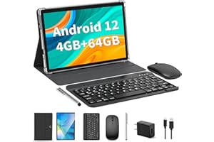 HISORL Android Tablet, 10 Inch Android 12 Tablet, 2 in 1 Tablet with Keyboard, Mouse, Case, Stylus, 4GB RAM 64GB ROM 1TB Expand, WiFi, Bluetooth, 8000mAh Battery, Google Certified(Black)