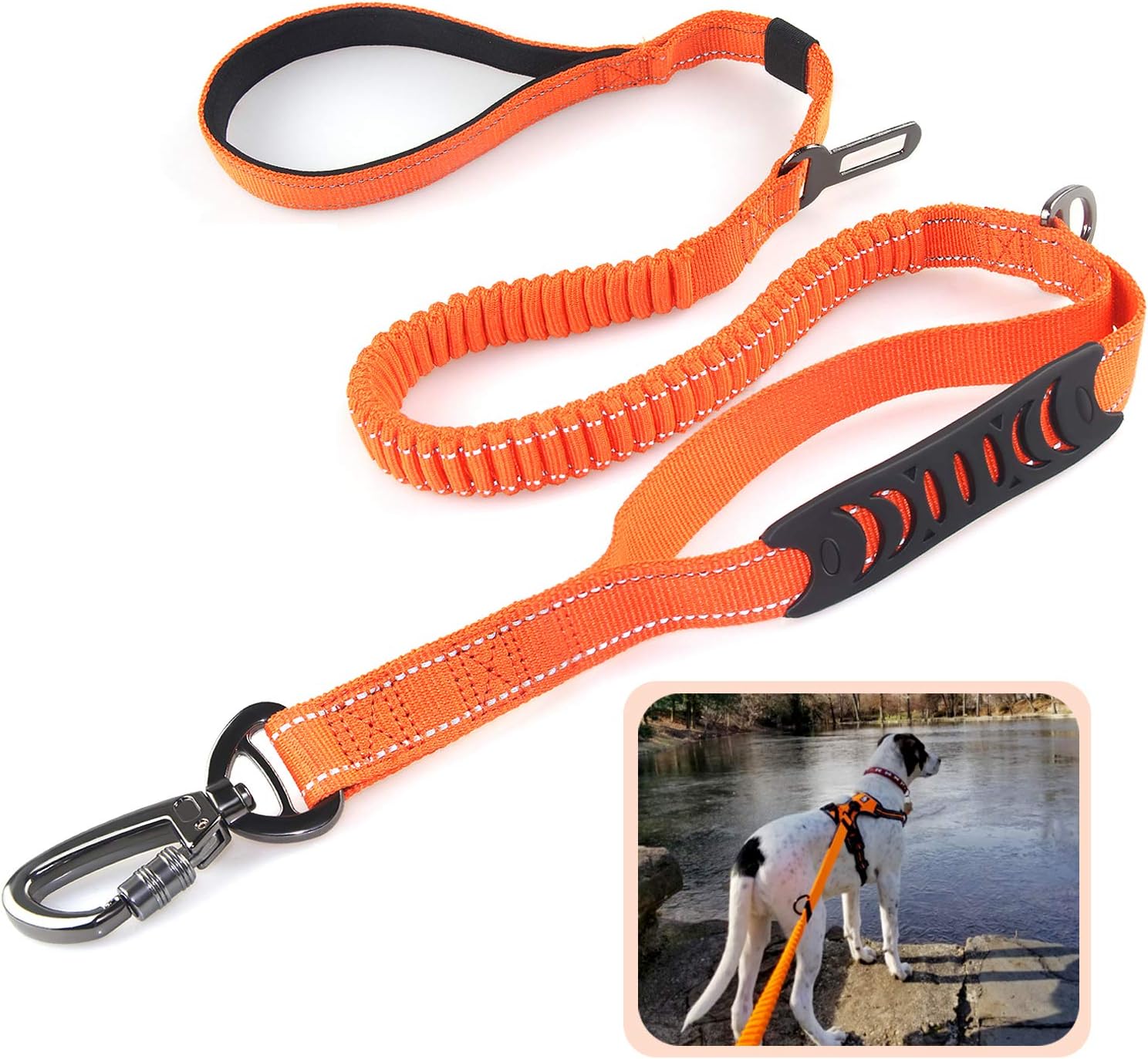 Heavy Duty Dog Leash Especially for Large Dogs Up to 150lbs, 6 Ft Reflective Dog Walking Training Shock Absorbing Bungee Leash with Car Seat Belt Buckle, 2 Padded Traffic Handle for Extra Control