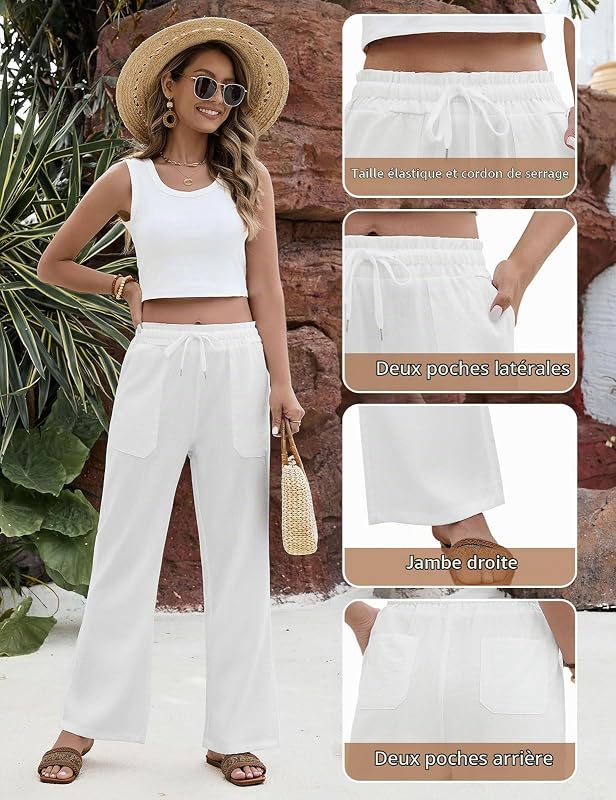 Pantalon Leger Ete Femme Fluide Taille Haute Elastique Ample Pantalons Detente Pantalon Droit Femme Chic et Elegant avec 4 Poches, Blanc, XXL
