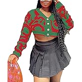 Women's Button Down Cropped Cardigan Y2K Long Sleeve V Neck Open Front Graphic Cardigan Sweaters Streetwear