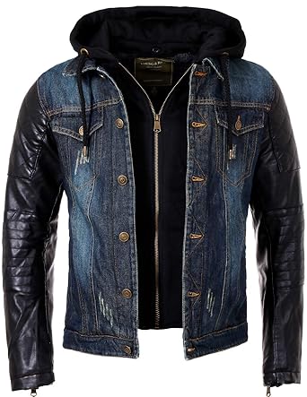Young&Rich Herren 2in1 Jeans Jacke gefüttert Kontrast blau schwarz mit Kunstleder Ärmeln Kapuze vintage used destroyed double