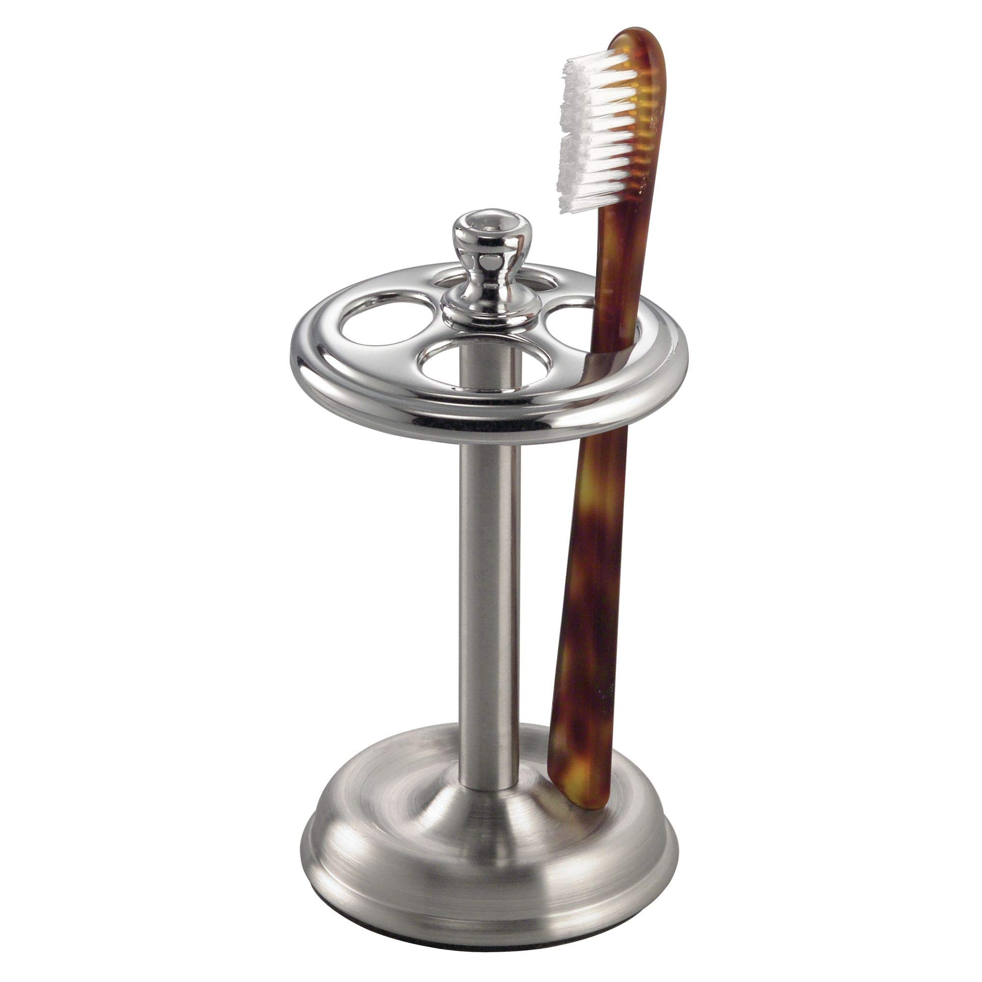 iDesign York Metal Toothbrush Holder/Stand for Cosmetic and Makeup Storage, Made of Stainless Steel, Split Finish,3.25” x 3.25” x 5.75”, Brushed Nickel & Polished Chrome