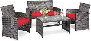 Tangkula 4 PCS Wicker Patio Conversation Set, Outdoor Rattan Sofas with Table Set, Patio Furniture Set with Soft Cushions & Tempered Glass Coffee Table for Poolside Courtyard Balcony (1, Red)