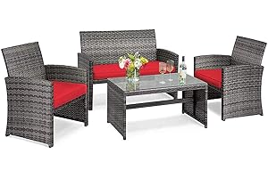 Tangkula 4 PCS Wicker Patio Conversation Set, Outdoor Rattan Sofas with Table Set, Patio Furniture Set with Soft Cushions & T